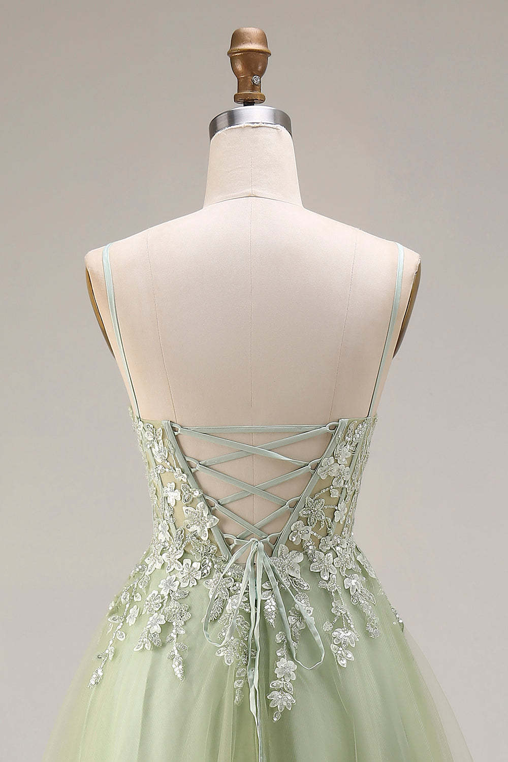 Light Green A Line Corset Appliqued Maxi Prom Dress