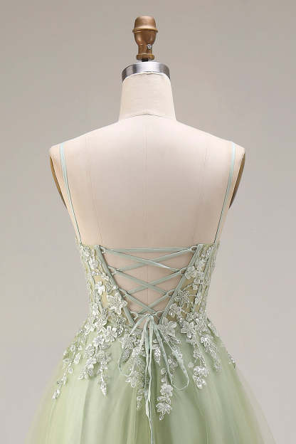Light Green A Line Corset Appliqued Maxi Prom Dress