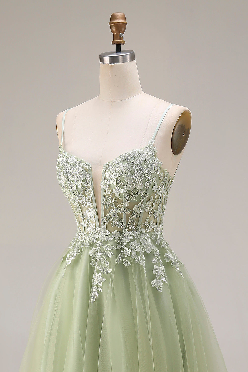 Light Green A Line Corset Appliqued Maxi Prom Dress