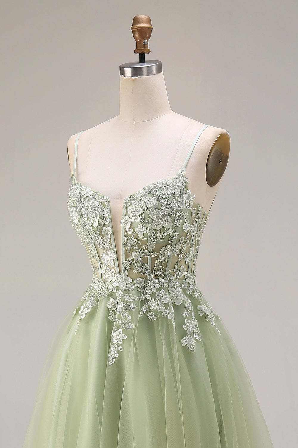 Light Green A Line Corset Appliqued Maxi Prom Dress