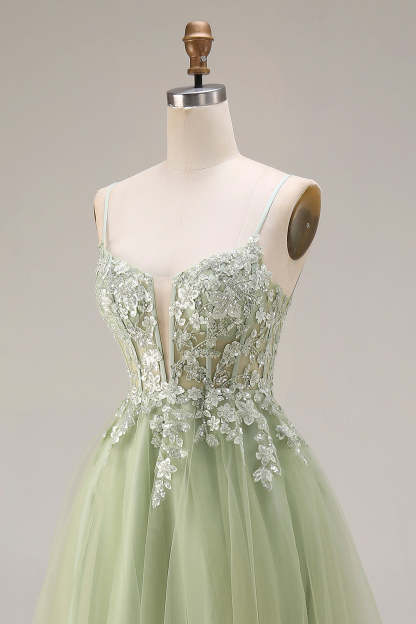 Light Green A Line Corset Appliqued Maxi Prom Dress
