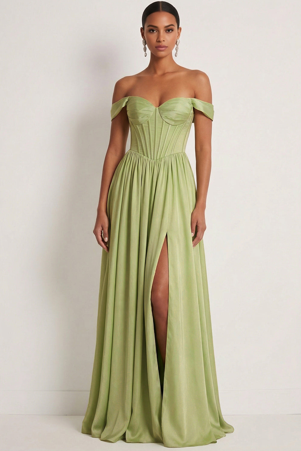Light Green Off the Shoulder Corset A Line Formal Dress with Slit