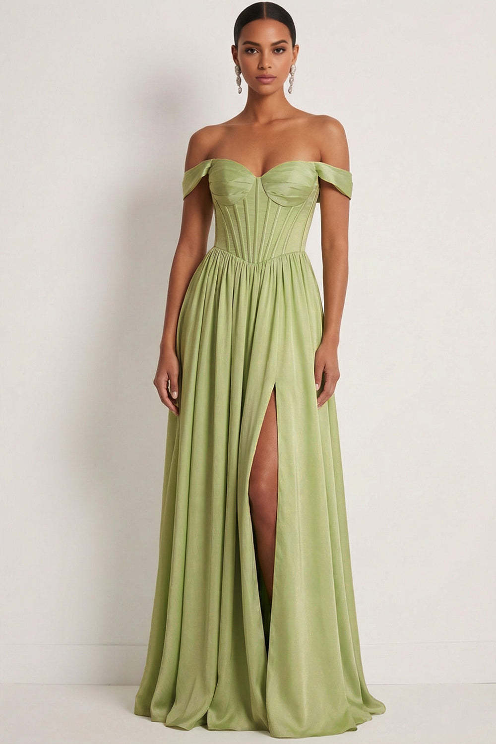 Leely Women Light Green Corset Long Formal Dress with Slit Basque Waist A Line sleeveless Off the Shoulder Prom Dress