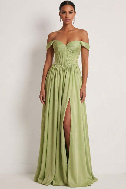 Leely Women Light Green Corset Long Formal Dress with Slit Basque Waist A Line sleeveless Off the Shoulder Prom Dress