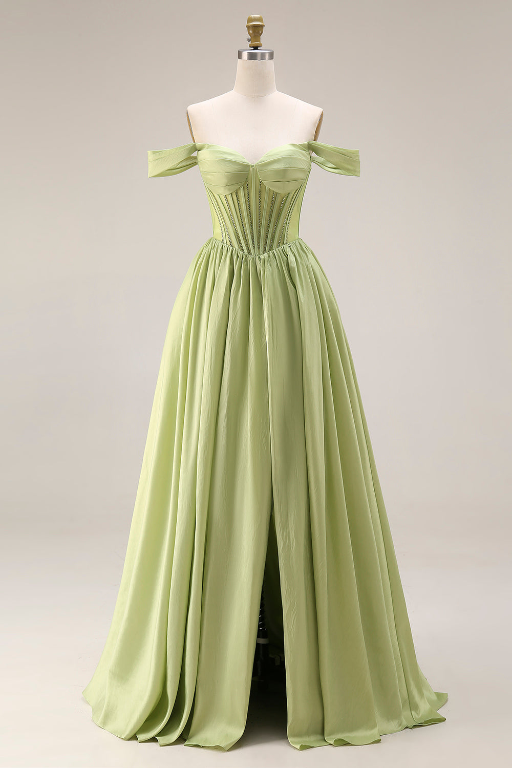 Light Green Off the Shoulder Corset A Line Formal Dress with Slit