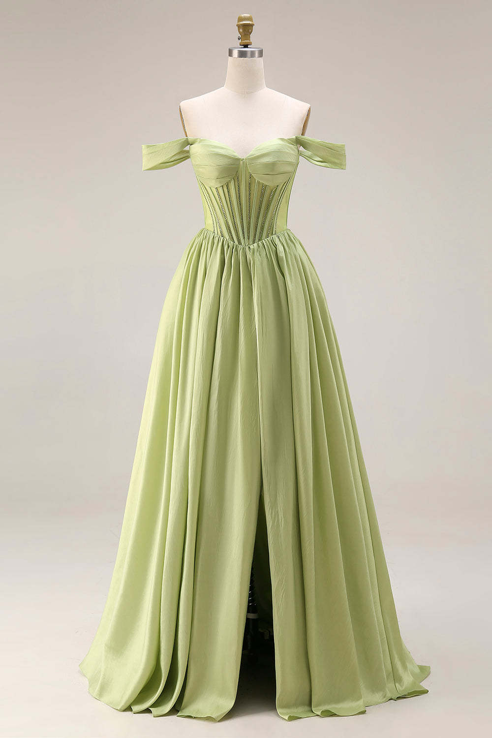 Light Green Off the Shoulder Corset A Line Formal Dress with Slit