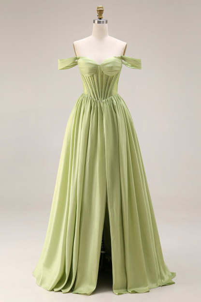 Light Green Off the Shoulder Corset A Line Formal Dress with Slit