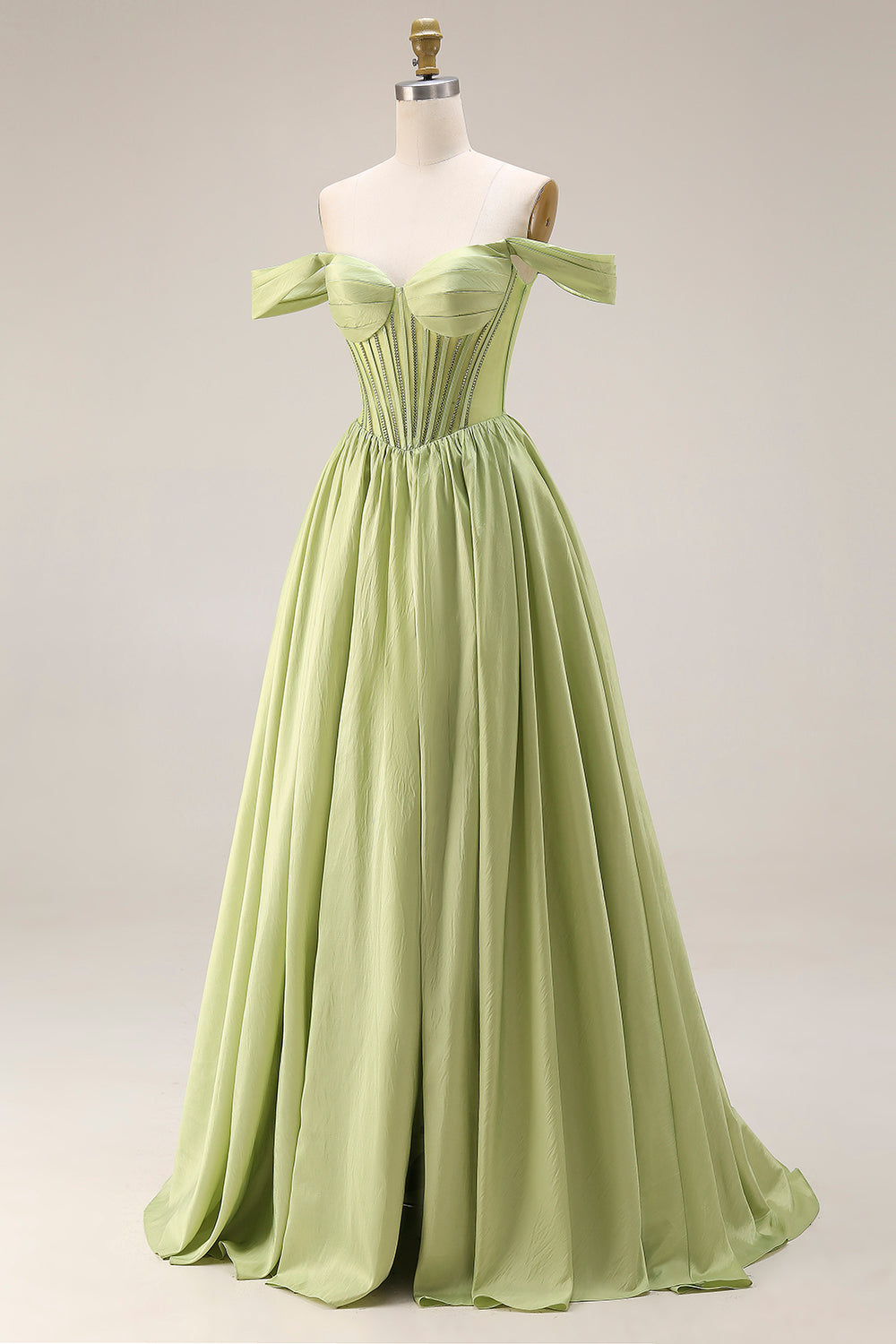 Light Green Off the Shoulder Corset A Line Formal Dress with Slit