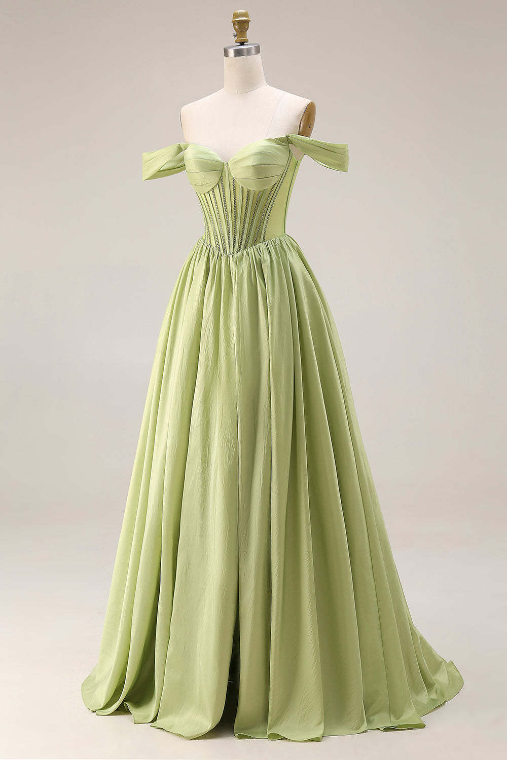 Light Green Off the Shoulder Corset A Line Formal Dress with Slit