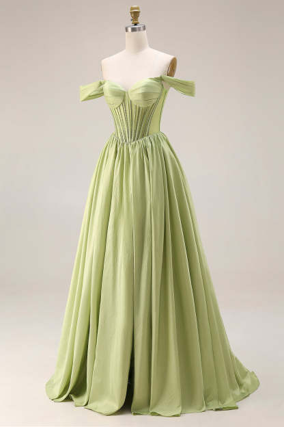Light Green Off the Shoulder Corset A Line Formal Dress with Slit