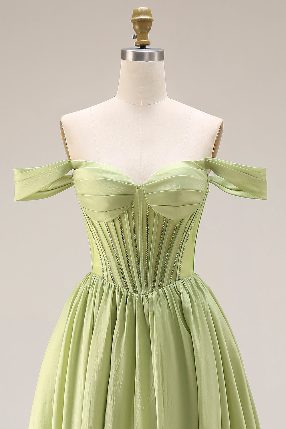 Light Green Off the Shoulder Corset A Line Formal Dress with Slit