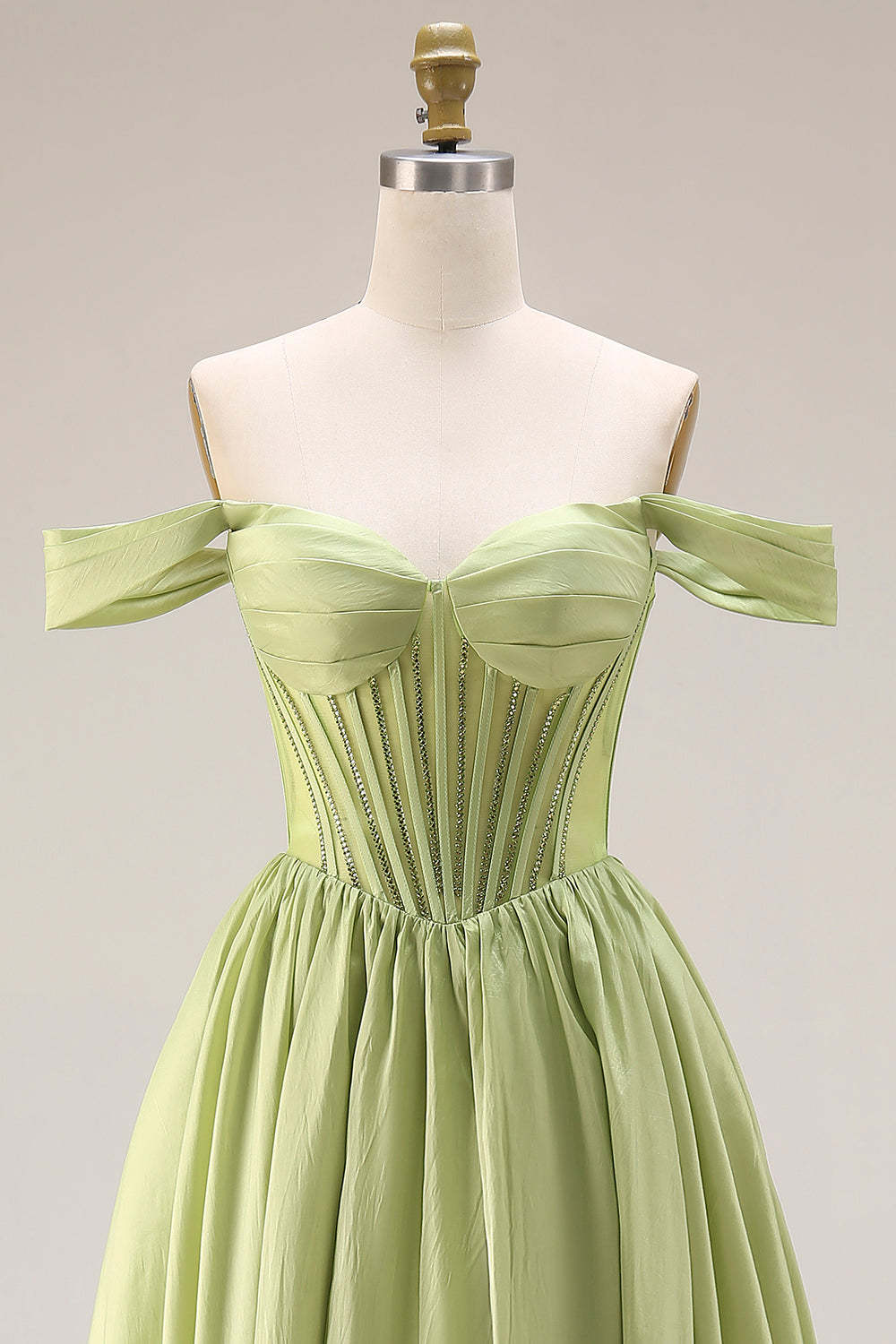 Light Green Off the Shoulder Corset A Line Formal Dress with Slit