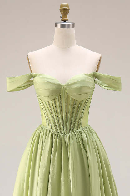 Light Green Off the Shoulder Corset A Line Formal Dress with Slit