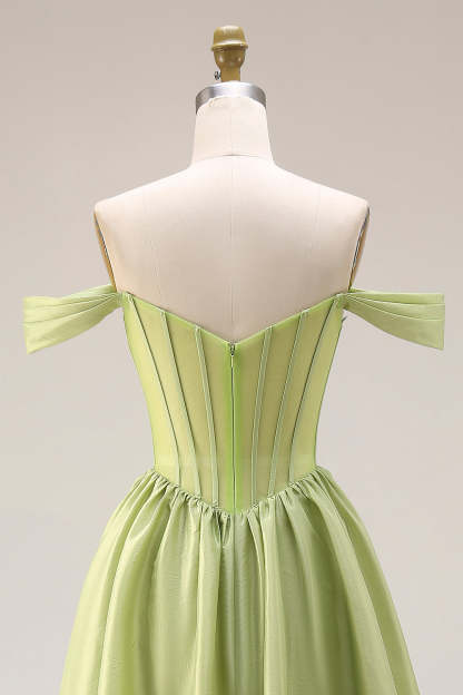 Light Green Off the Shoulder Corset A Line Formal Dress with Slit