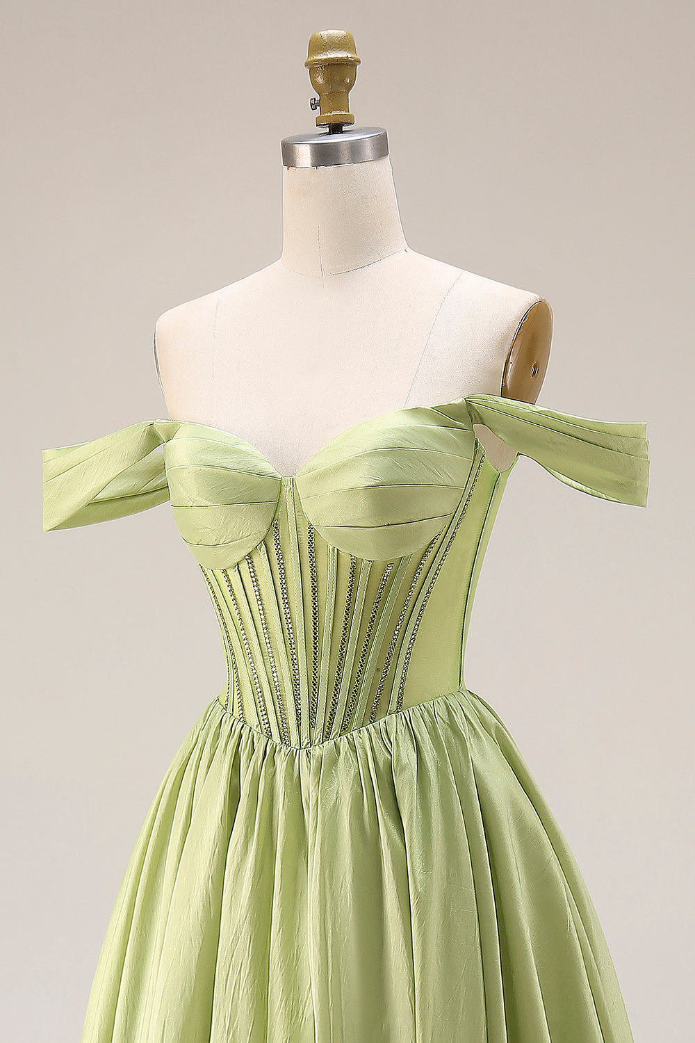 Light Green Off the Shoulder Corset A Line Formal Dress with Slit