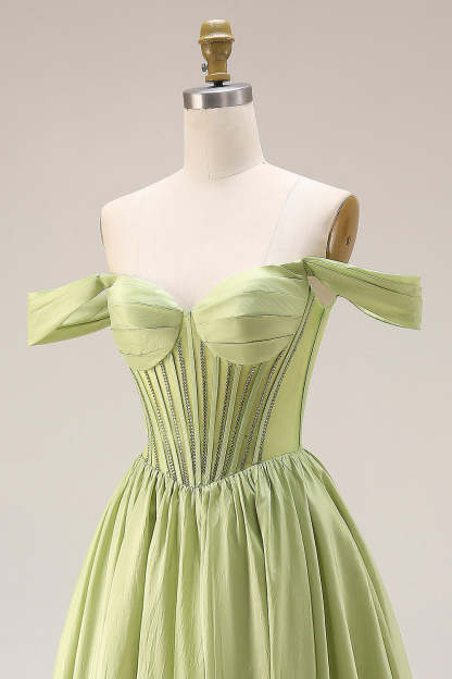 Light Green Off the Shoulder Corset A Line Formal Dress with Slit
