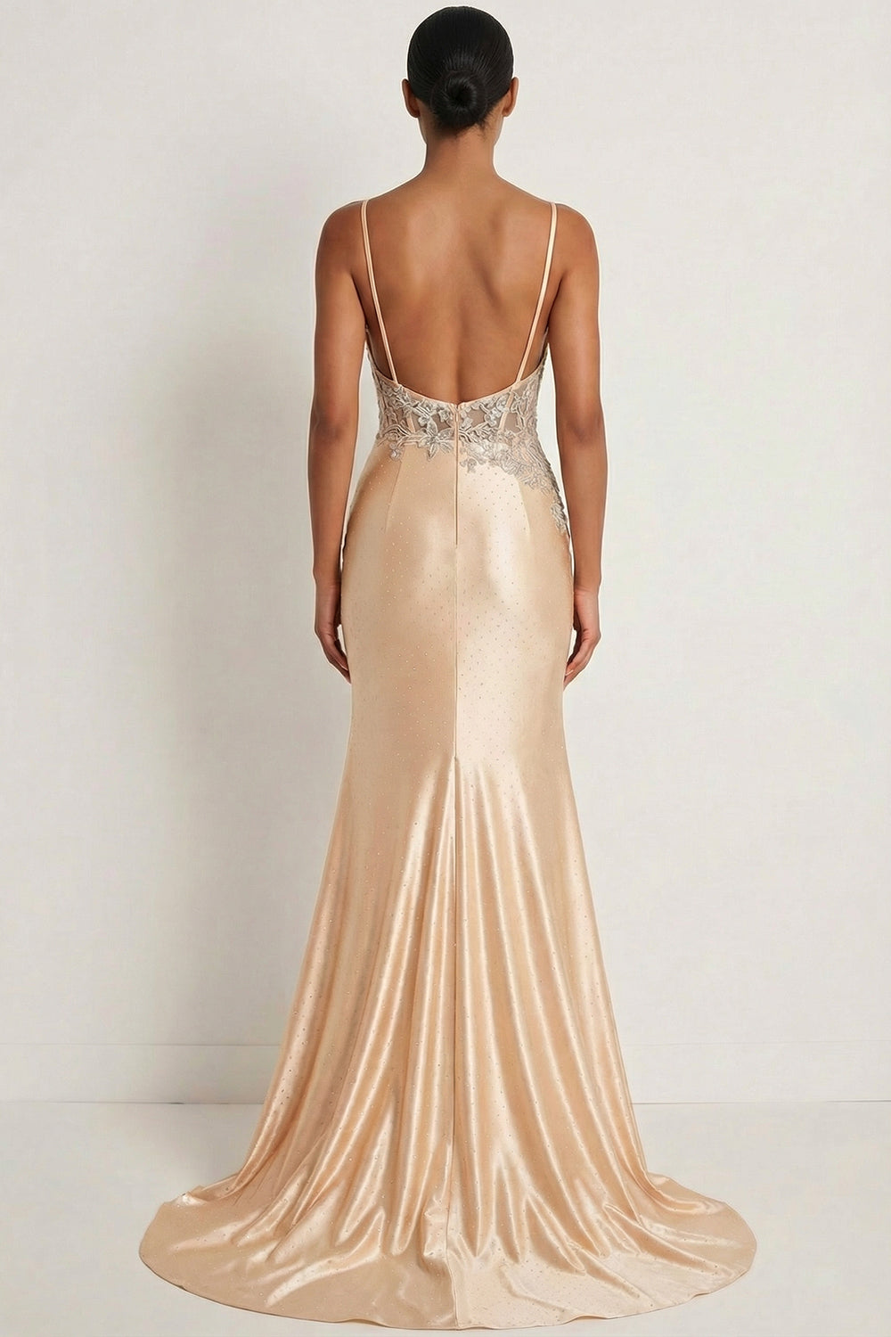 Floral Appliqued Champagne Corset Spaghetti Straps Maxi Formal Dress