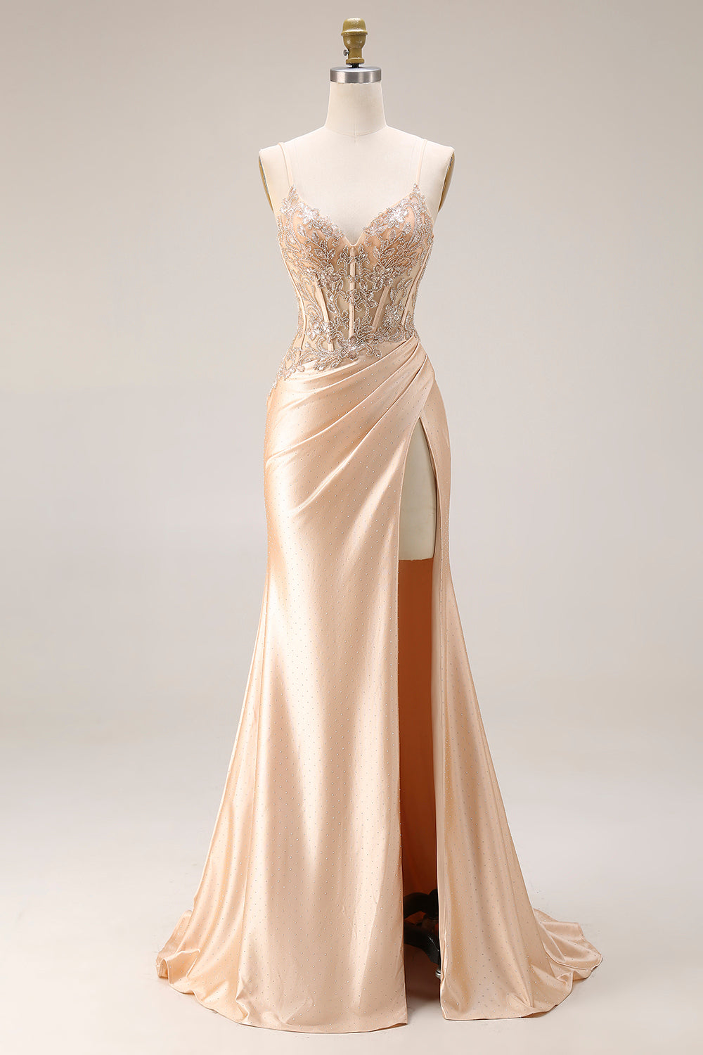 Floral Appliqued Champagne Corset Spaghetti Straps Maxi Formal Dress