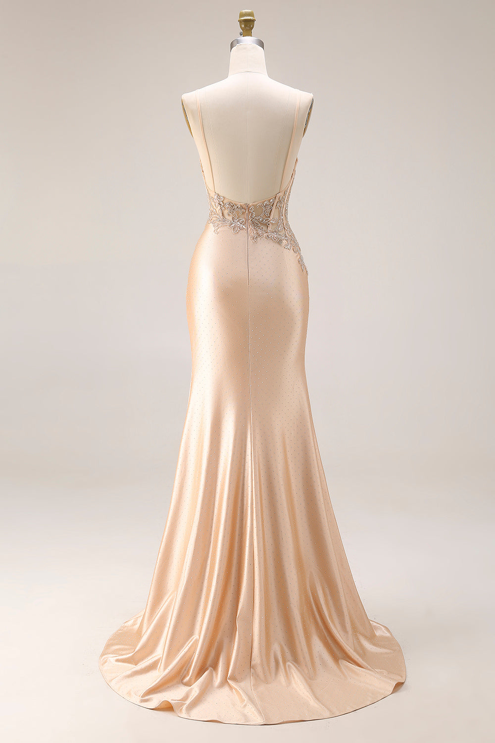 Floral Appliqued Champagne Corset Spaghetti Straps Maxi Formal Dress