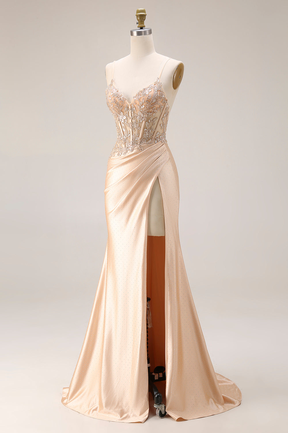 Floral Appliqued Champagne Corset Spaghetti Straps Maxi Formal Dress