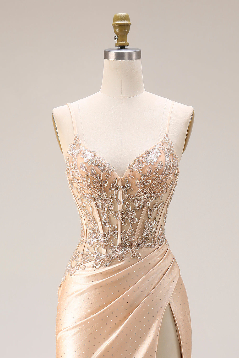 Floral Appliqued Champagne Corset Spaghetti Straps Maxi Formal Dress