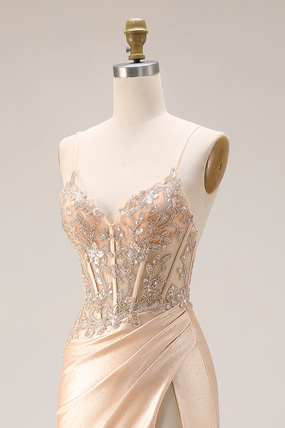 Floral Appliqued Champagne Corset Spaghetti Straps Maxi Formal Dress
