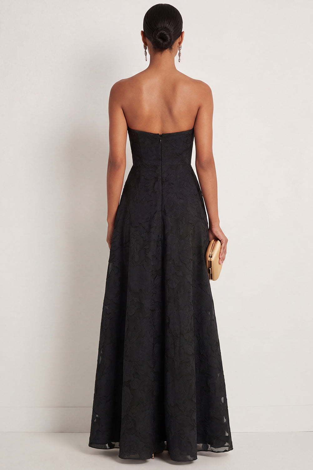 Black A Line Strapless Appliqued Backless Formal Dress