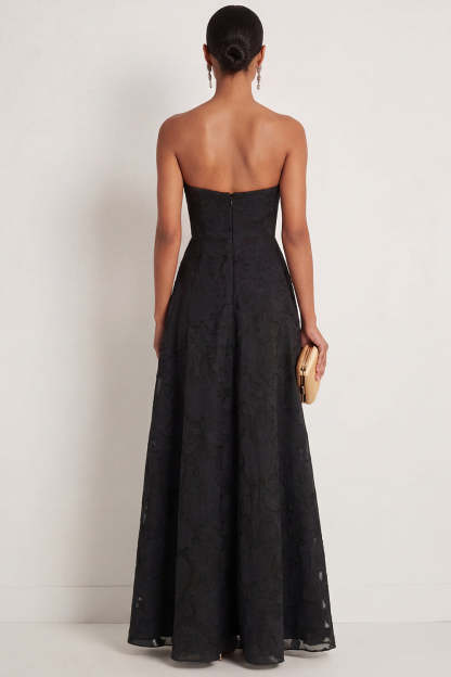 Black A Line Strapless Appliqued Backless Formal Dress