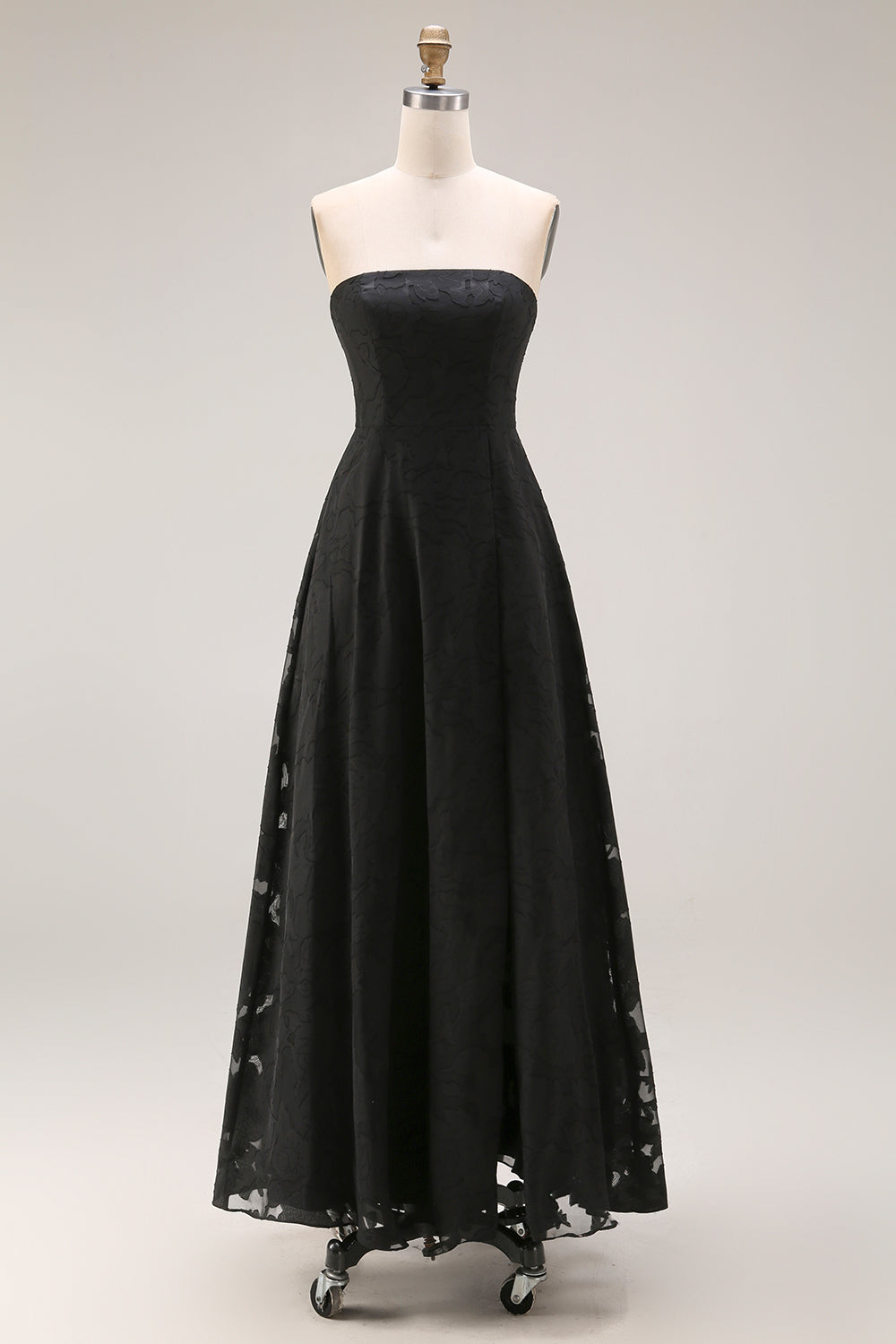 Black A Line Strapless Appliqued Backless Formal Dress