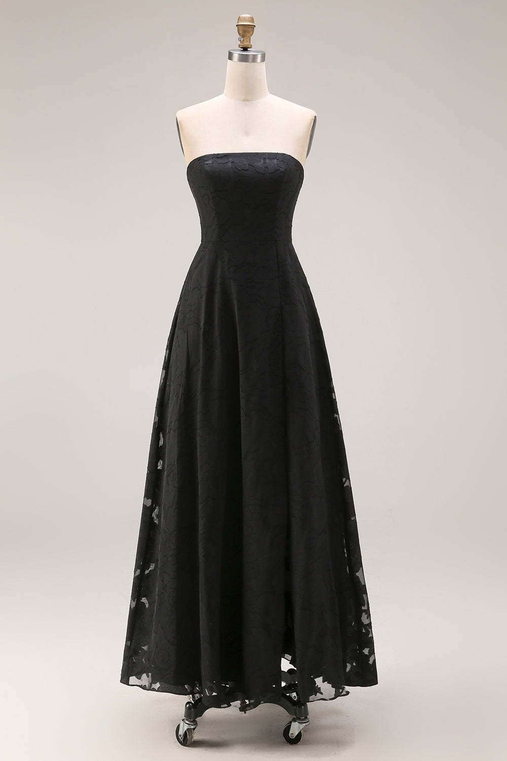 Black A Line Strapless Appliqued Backless Formal Dress