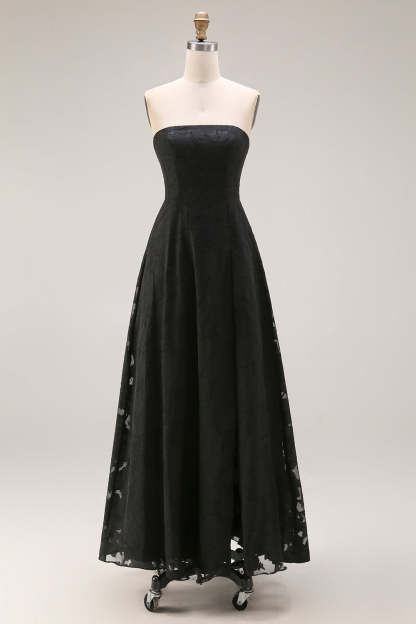Black A Line Strapless Appliqued Backless Formal Dress