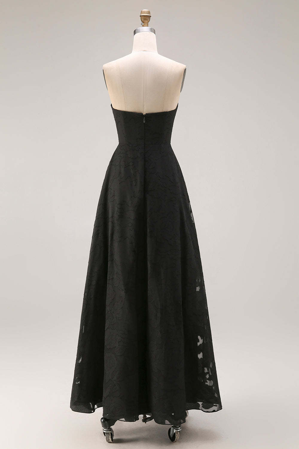 Black A Line Strapless Appliqued Backless Formal Dress