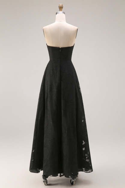 Black A Line Strapless Appliqued Backless Formal Dress