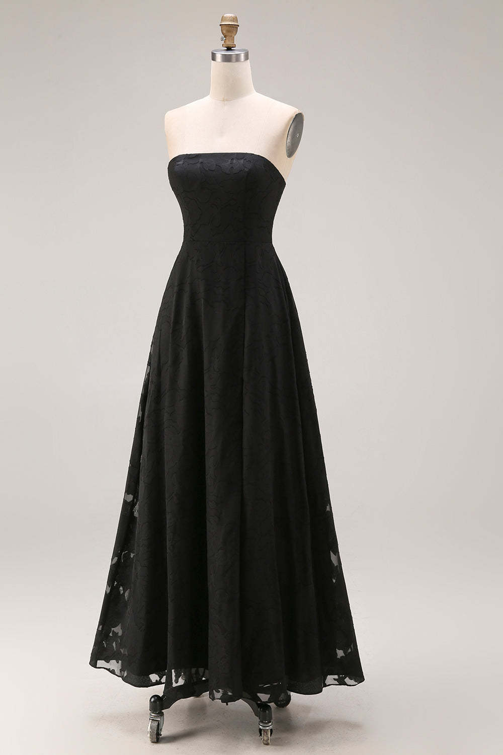 Black A Line Strapless Appliqued Backless Formal Dress
