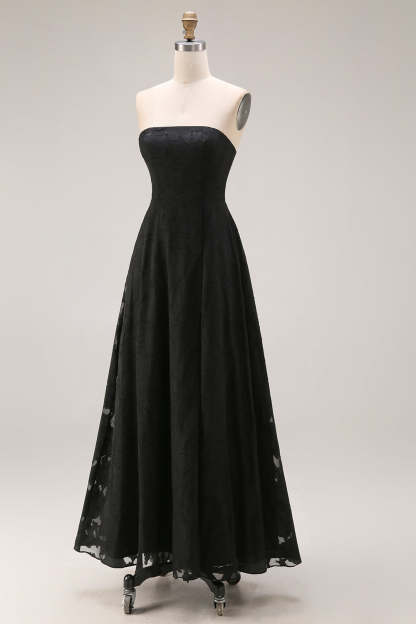 Black A Line Strapless Appliqued Backless Formal Dress