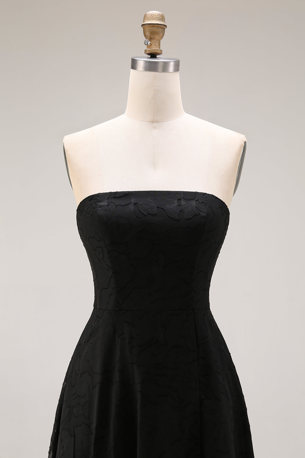 Black A Line Strapless Appliqued Backless Formal Dress
