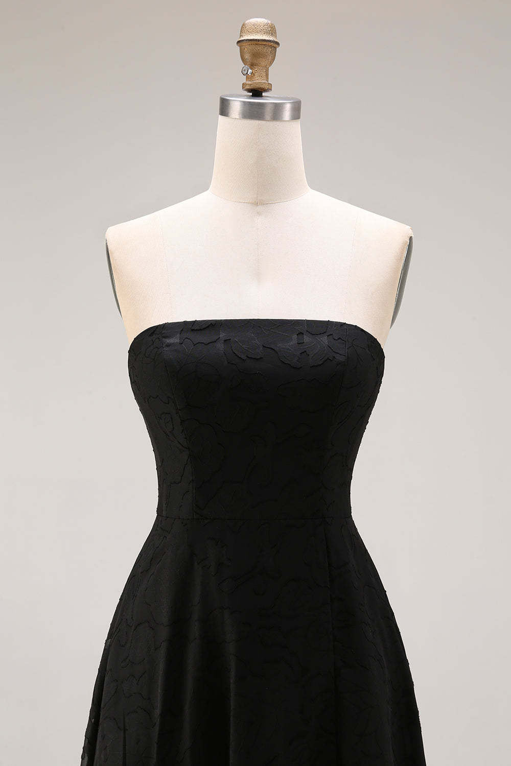 Black A Line Strapless Appliqued Backless Formal Dress