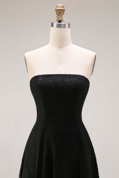 Black A Line Strapless Appliqued Backless Formal Dress
