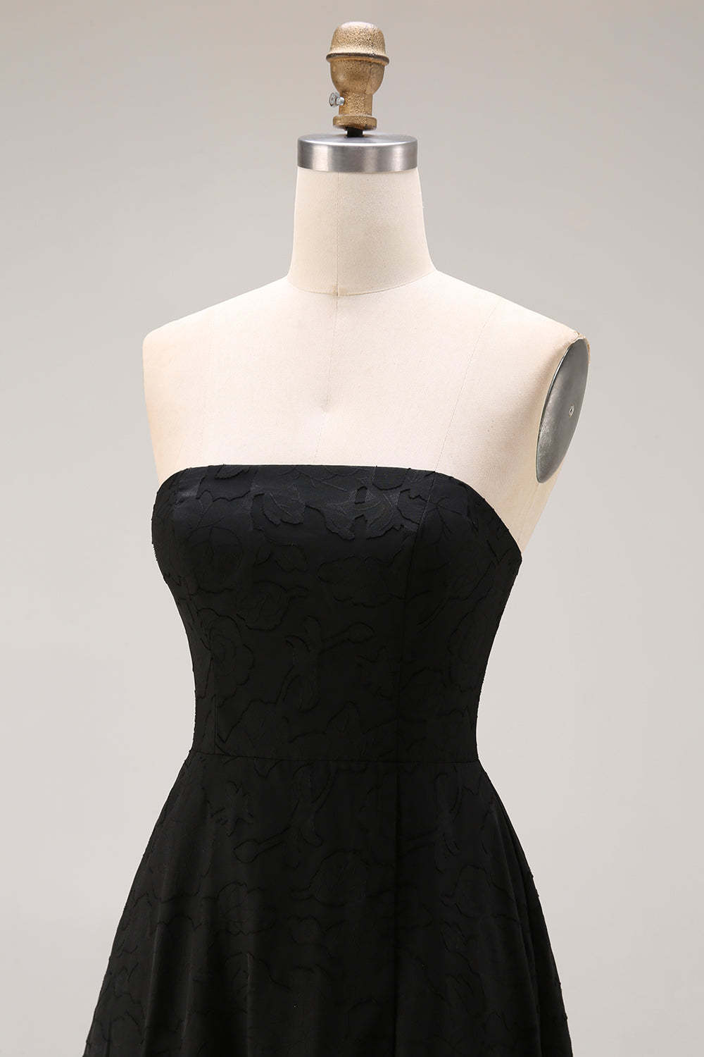 Black A Line Strapless Appliqued Backless Formal Dress