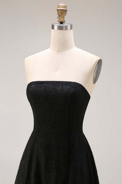 Black A Line Strapless Appliqued Backless Formal Dress