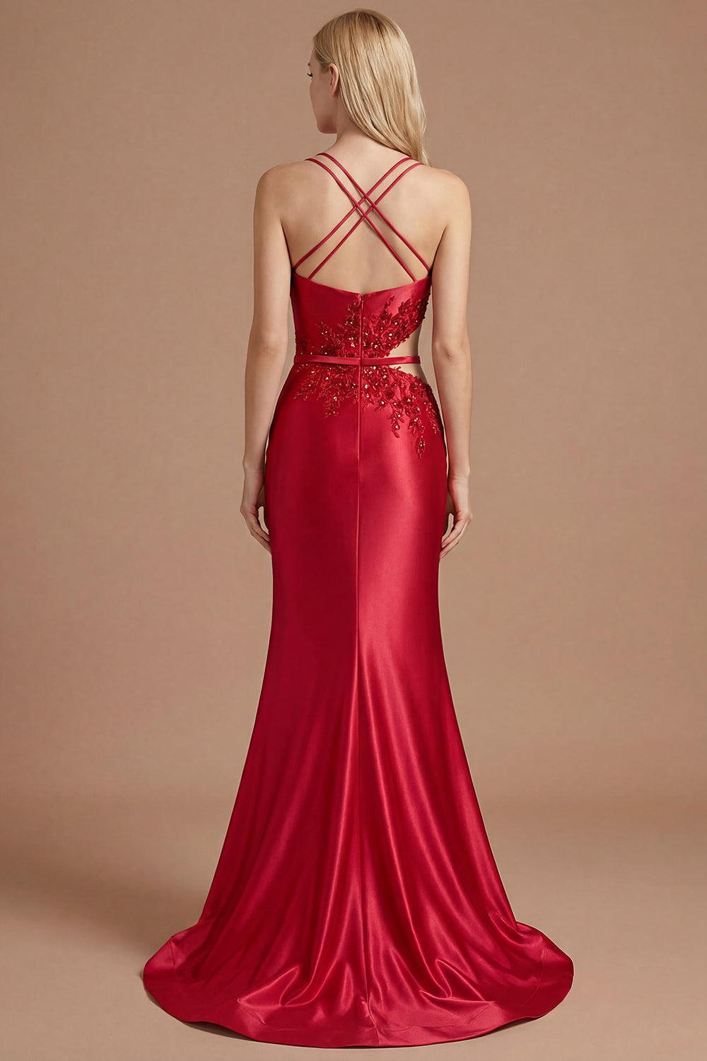 Sparkly Beaded Red Mermaid Floral Maxi Prom Dress with Slit