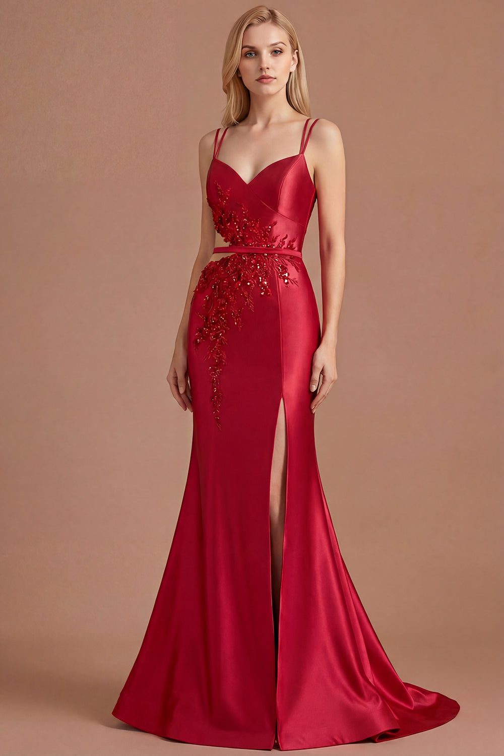 Sparkly Beaded Red Mermaid Floral Maxi Prom Dress with Slit