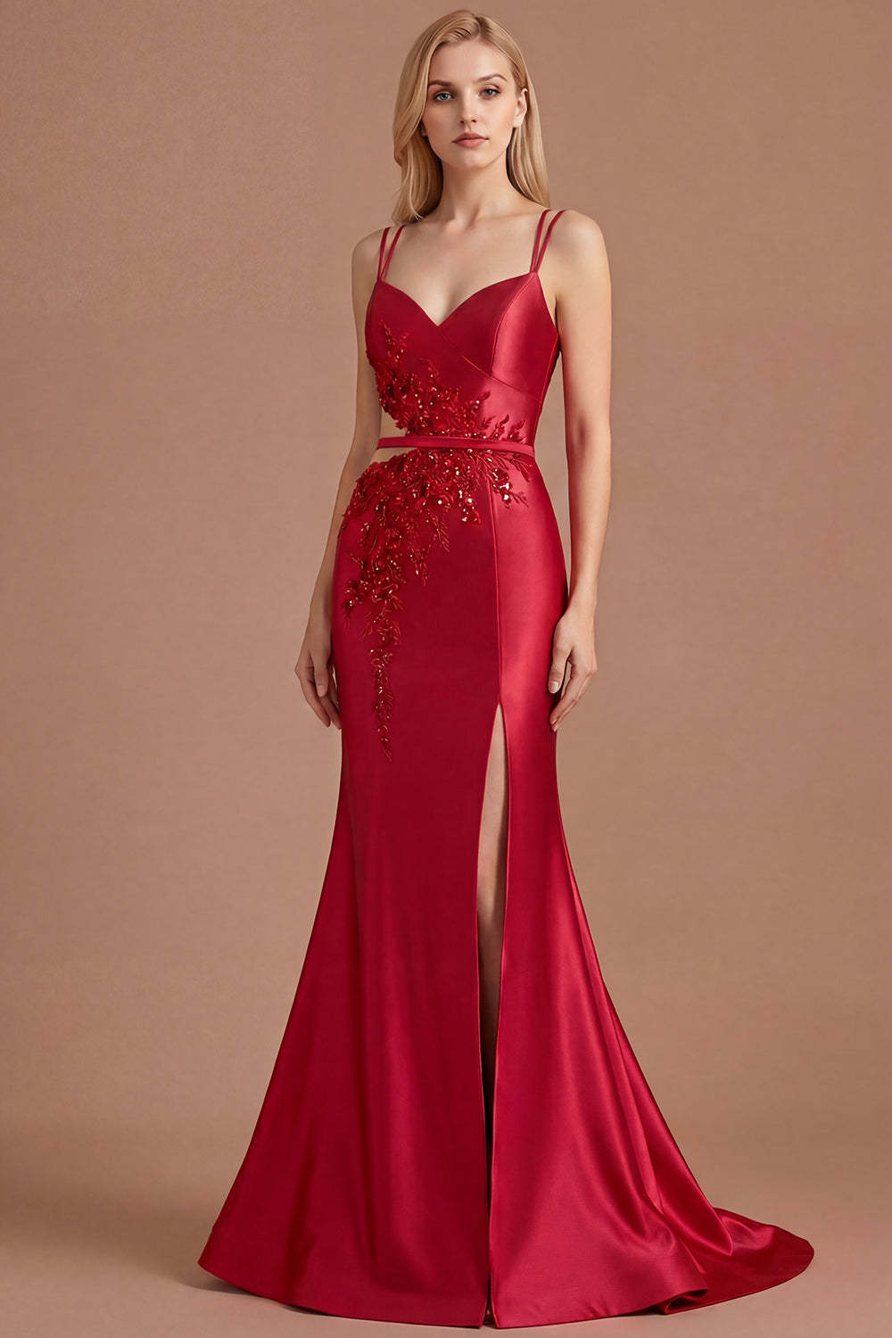 Leely Women Sparkly Red Mermaid Floral Maxi Prom Dress with Slit Appliqued Keyhole Beaded Evening Dress