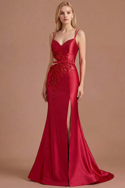 Leely Women Sparkly Red Mermaid Floral Maxi Prom Dress with Slit Appliqued Keyhole Beaded Evening Dress