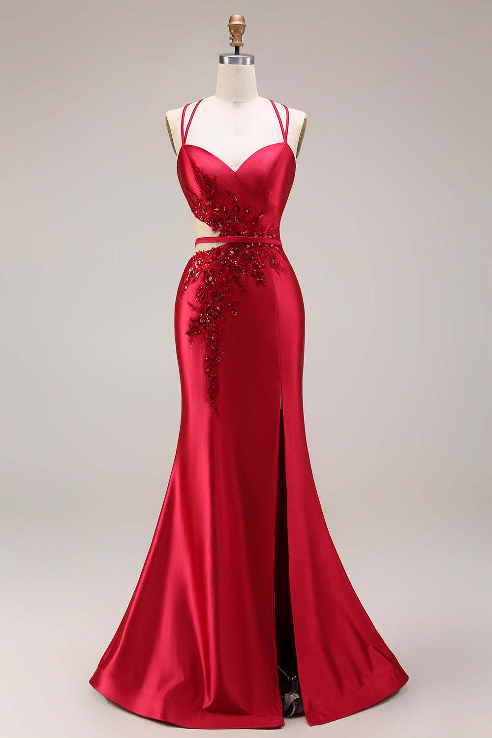 Sparkly Beaded Red Mermaid Floral Maxi Prom Dress with Slit