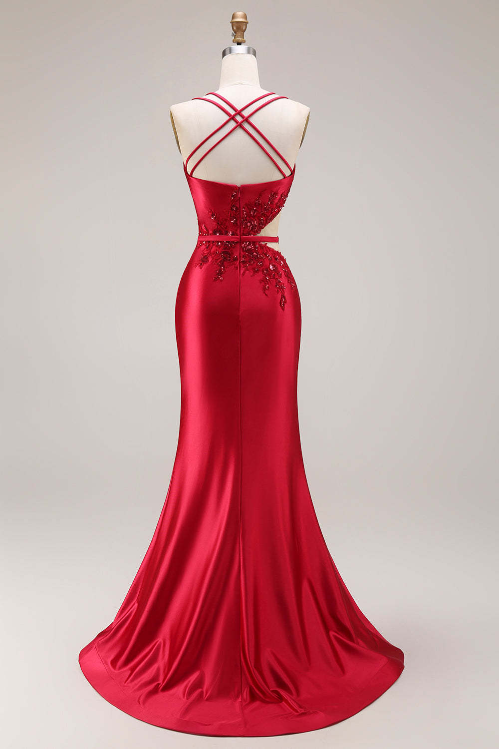 Sparkly Beaded Red Mermaid Floral Maxi Prom Dress with Slit