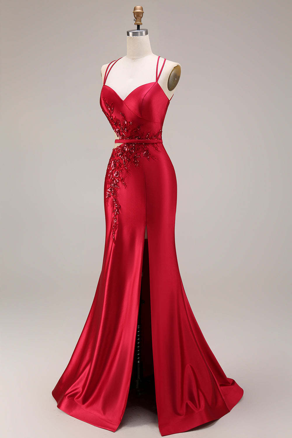 Sparkly Beaded Red Mermaid Floral Maxi Prom Dress with Slit