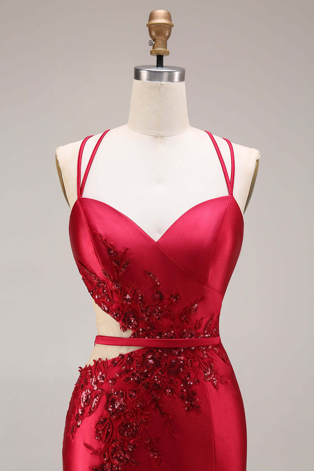 Sparkly Beaded Red Mermaid Floral Maxi Prom Dress with Slit