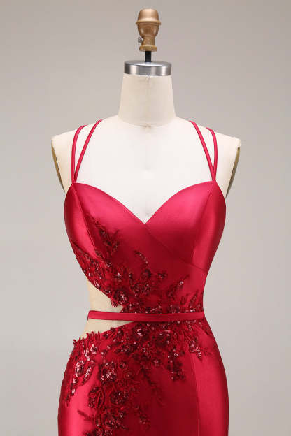 Sparkly Beaded Red Mermaid Floral Maxi Prom Dress with Slit