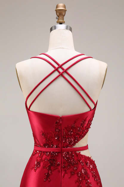 Sparkly Beaded Red Mermaid Floral Maxi Prom Dress with Slit